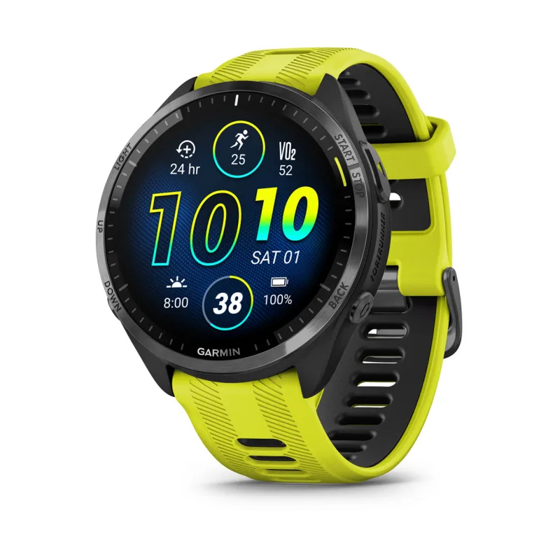 Garmin Forerunner 965, titanová luneta Carbon Grey DLC, pouzdro Black, řemínek silicone Yellow/Black