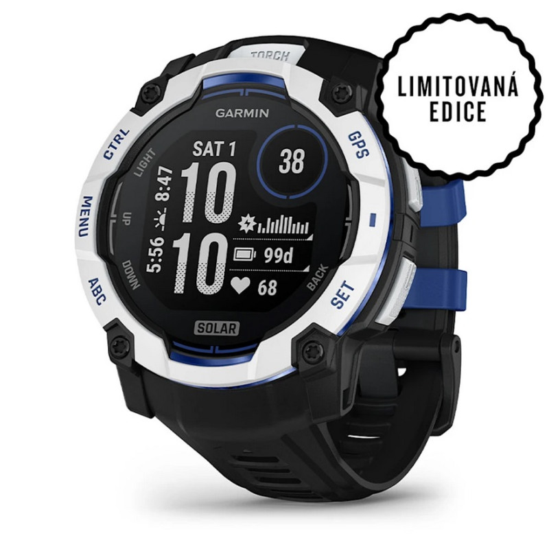 Garmin Instinct 3 - 50mm Solar, Whitestone s řemínkem Black / Bolt Blue
