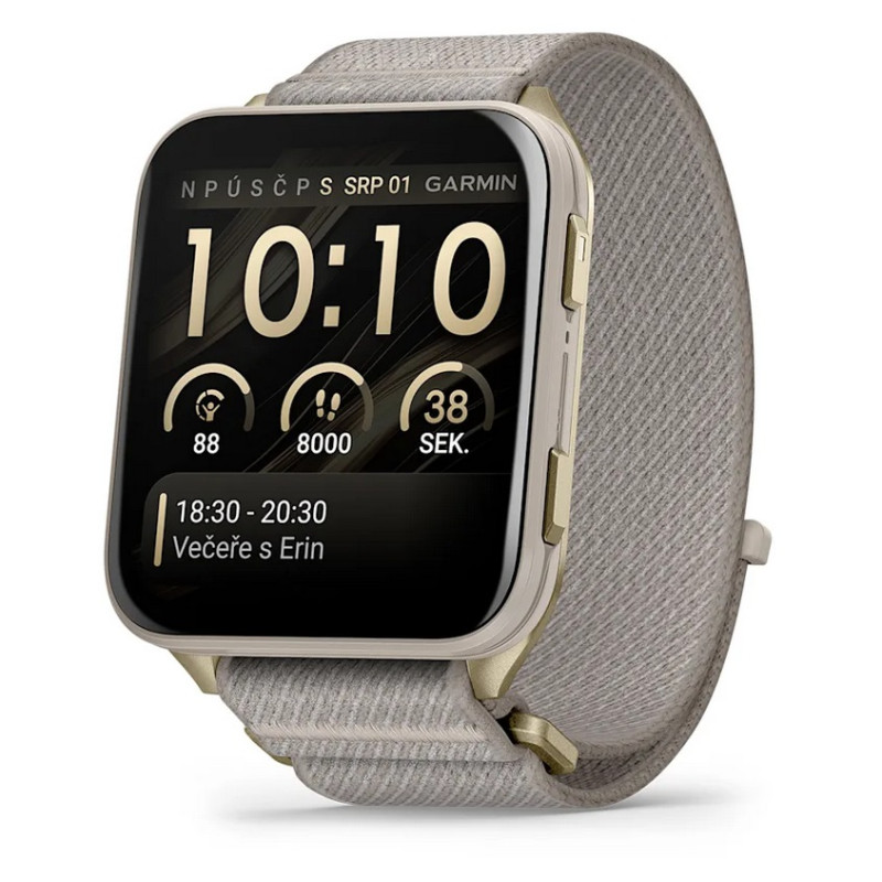 Garmin Venu X1, Soft Gold s titanovou zadní stranou a nylonovým řemínkem French Grey